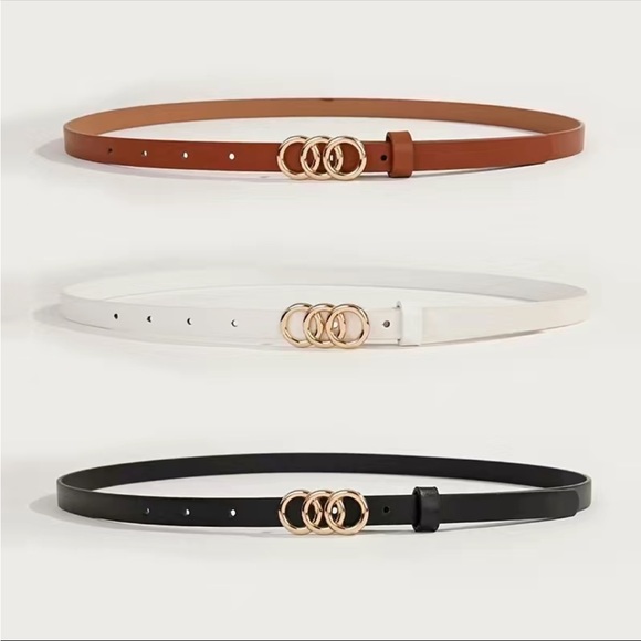 PU Leather Gold Circle Buckle Belt Set of 3 - Picture 2 of 4